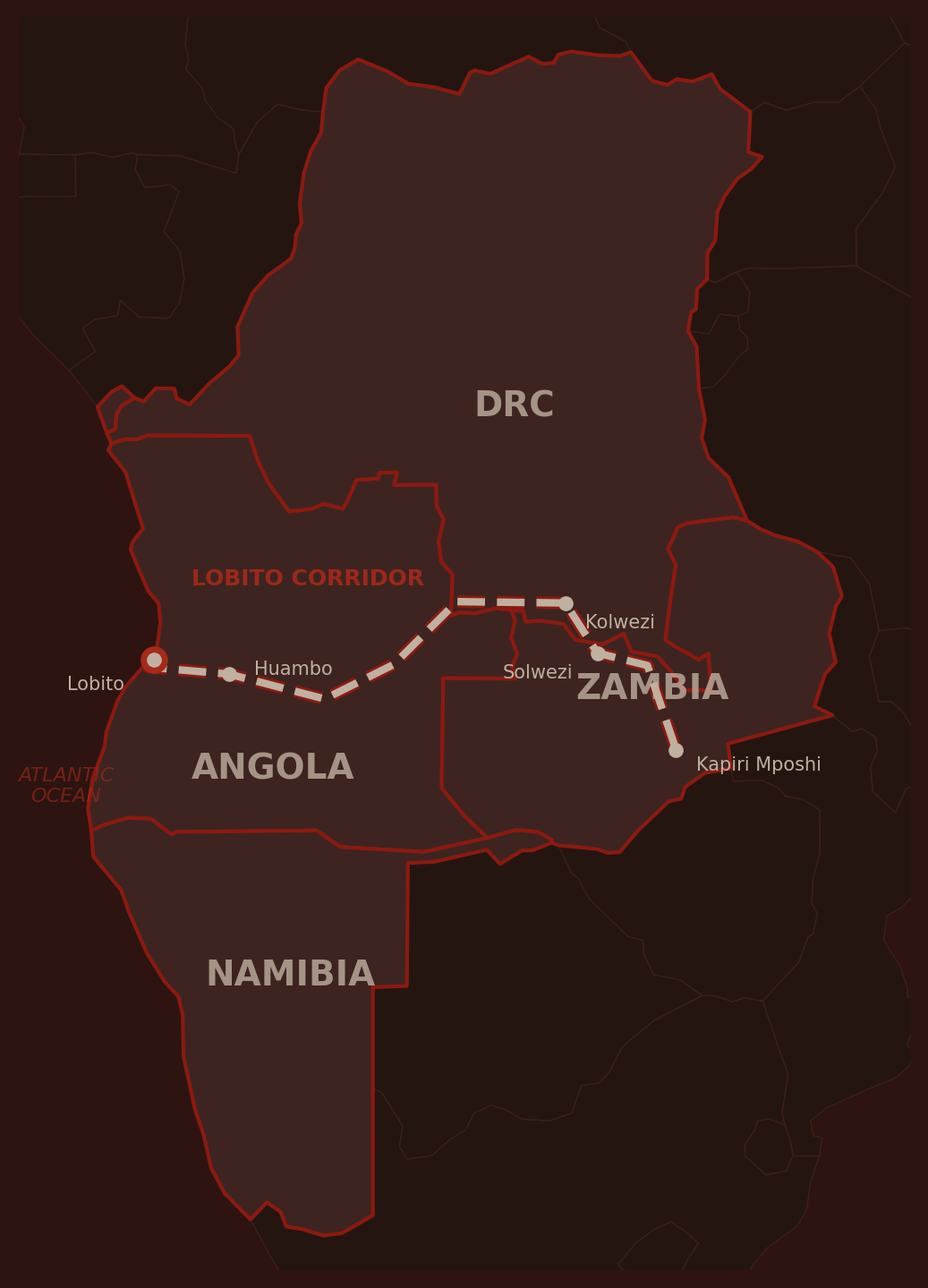 Map showing geographic coverage across Angola, DRC, Zambia, and Namibia with the Lobito Corridor route highlighted